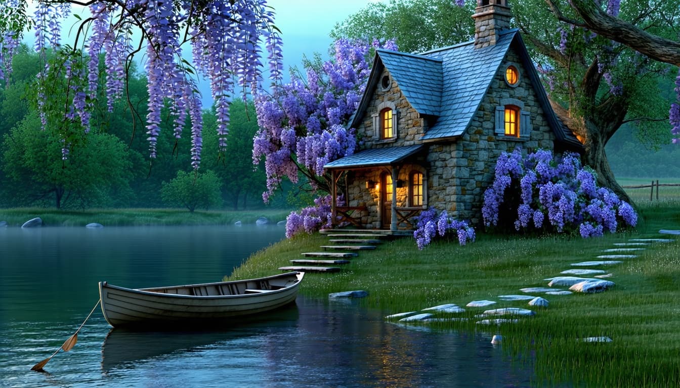 AI generated: A magical twilight landscape in hyper-realistic fantasy style. A cozy stone cottage with a blue-gray...