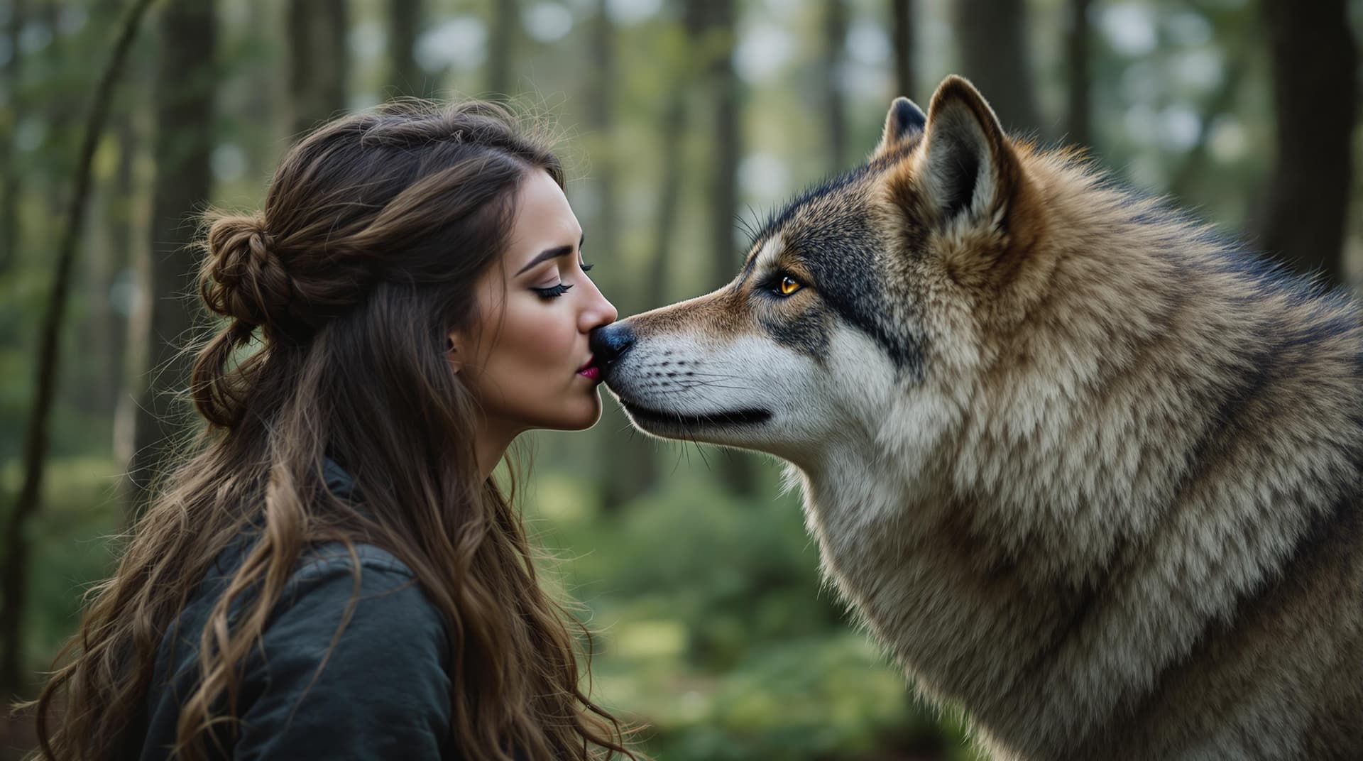 AI generated: a woman in forest kiss a wolf.


