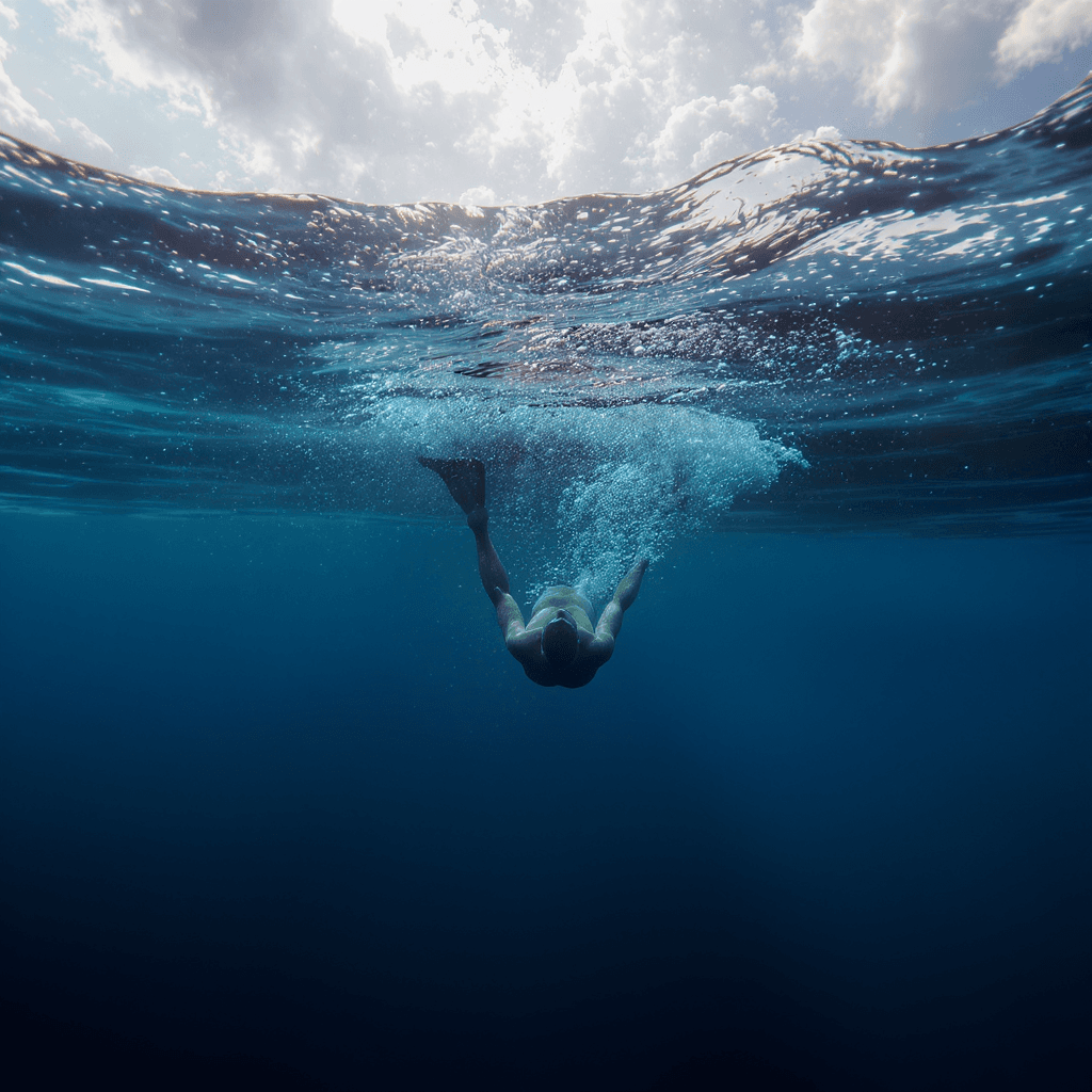 AI generated:  underwater hypnotic composition of underwater, clouds in the sky,voman swimms underwater, split-lev...
