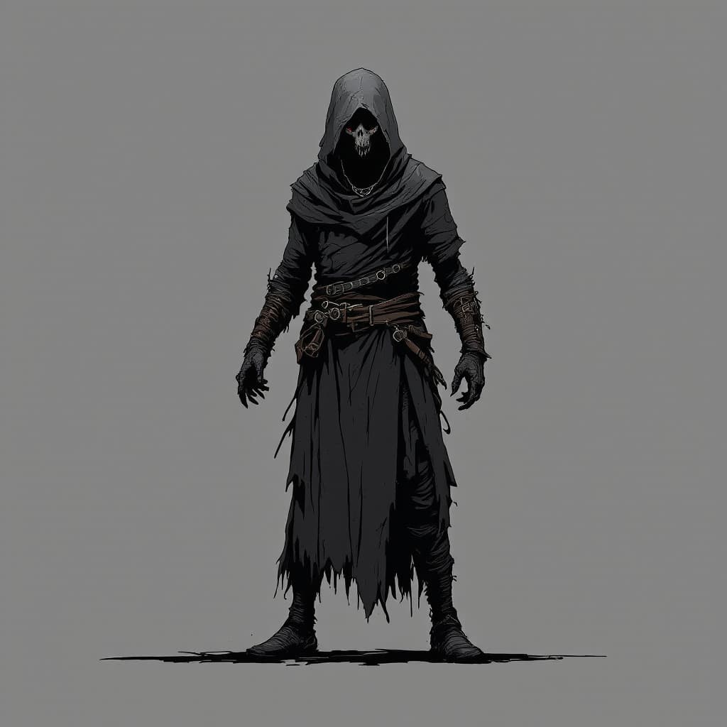 AI generated: darkest dungeon caretaker, hooded figure, concept art, no weapons