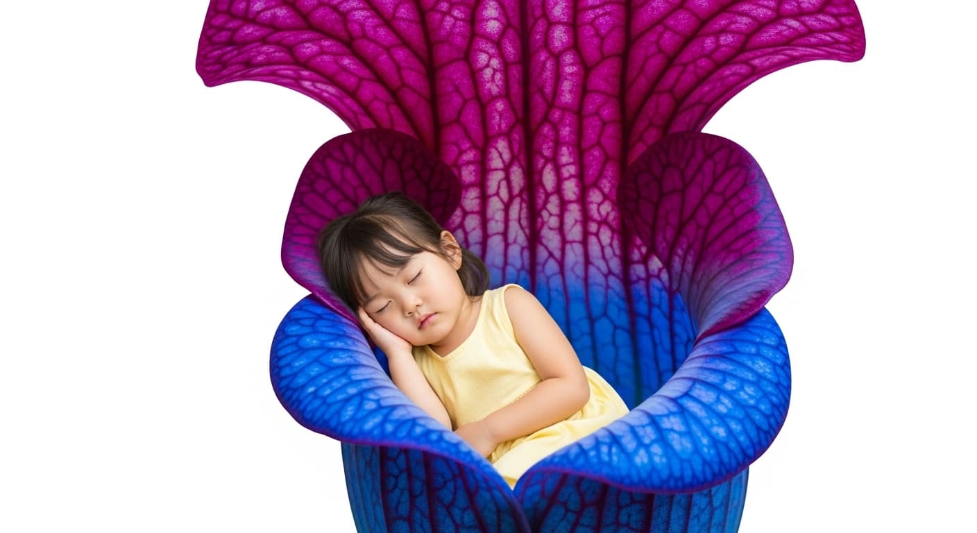 AI generated: In the calyx of an exotic flower, an adorable Asian girl lies down and sleeps, white background.