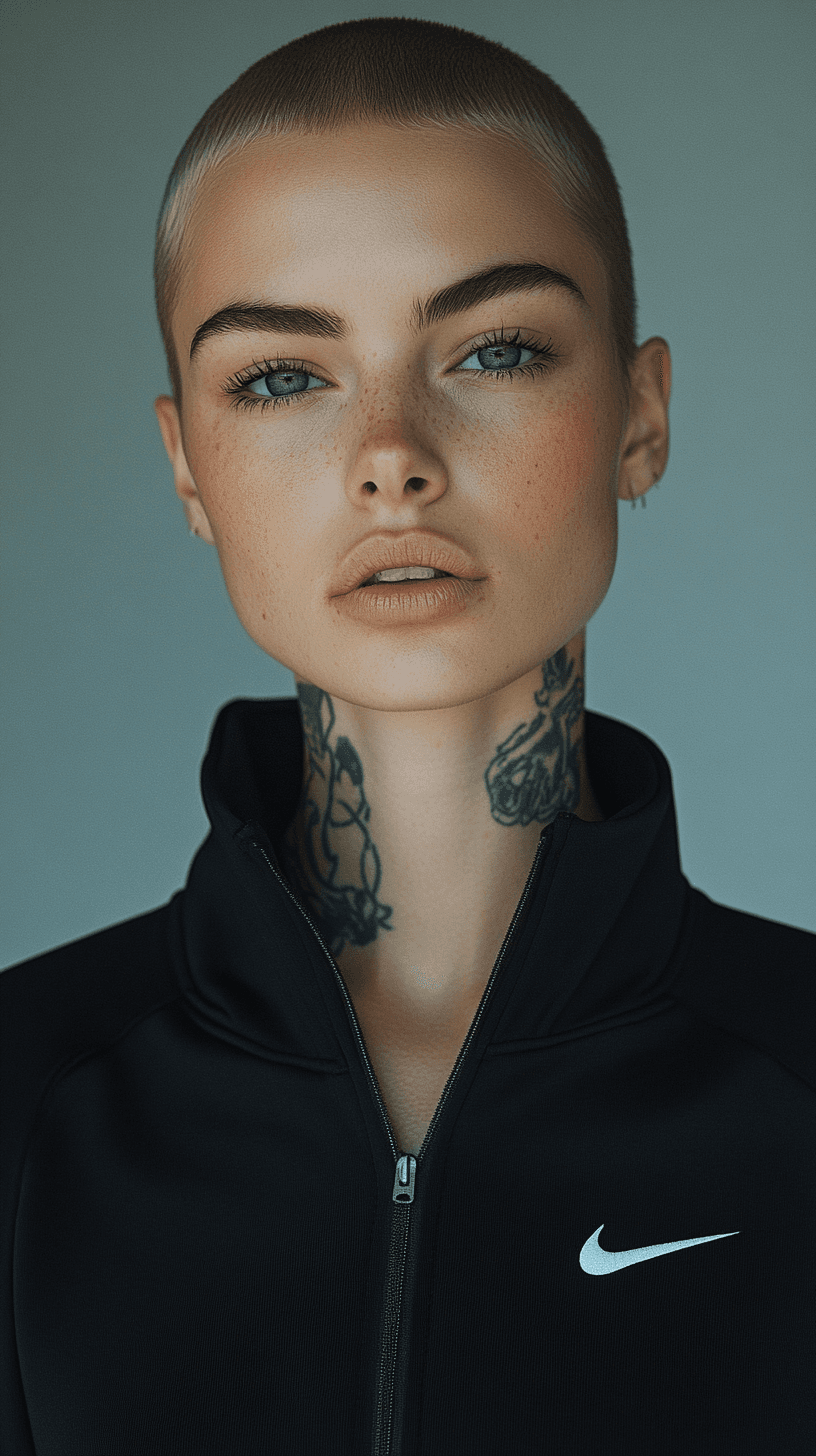 AI generated: Symetrical ultra Closeup of a dope faced tattoed model, dark mirror glazed Nike sport outfit, Minima...