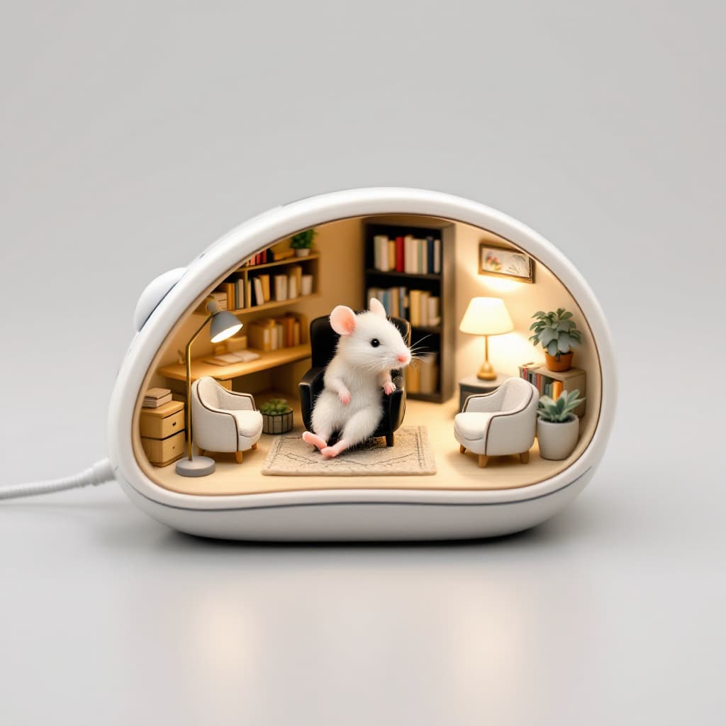 AI generated: A miniature cozy study nestled within a white computer mouse.  A small white mouse sits in a black d...