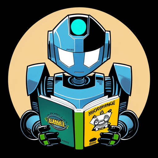 AI generated: Logo type comic character illustration, a  smart robot's friendly face reading a book, professional ...