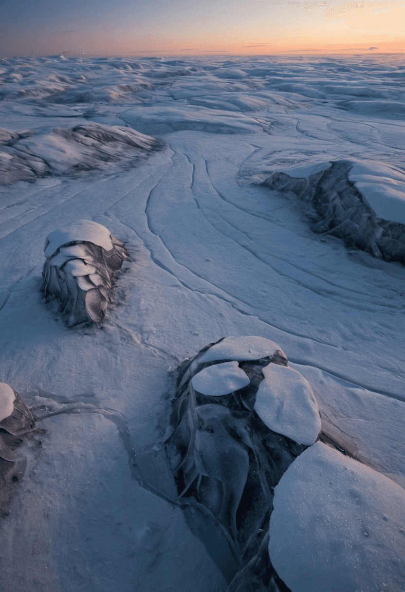 AI generated: highres,realistic,Tundra ice fields under early morning twilight. Root-like structures grow from the...