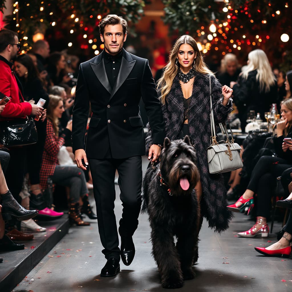 AI generated: all black giant schnauzer walking with his owner in a nyc fashion week party with stylish people all...