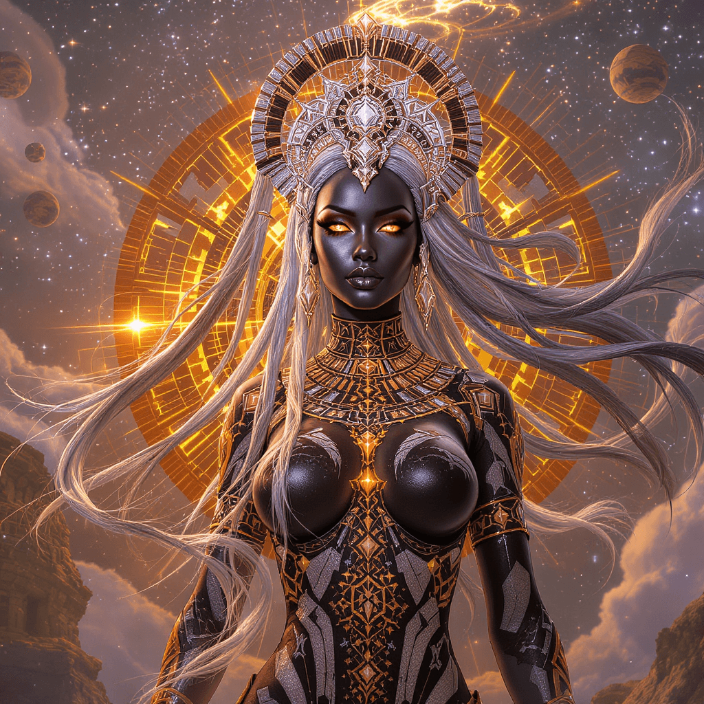 AI generated: in the style of ck-sfc , a Ceremonial Warrior Goddess with silver reflective hair, wearing a black a...