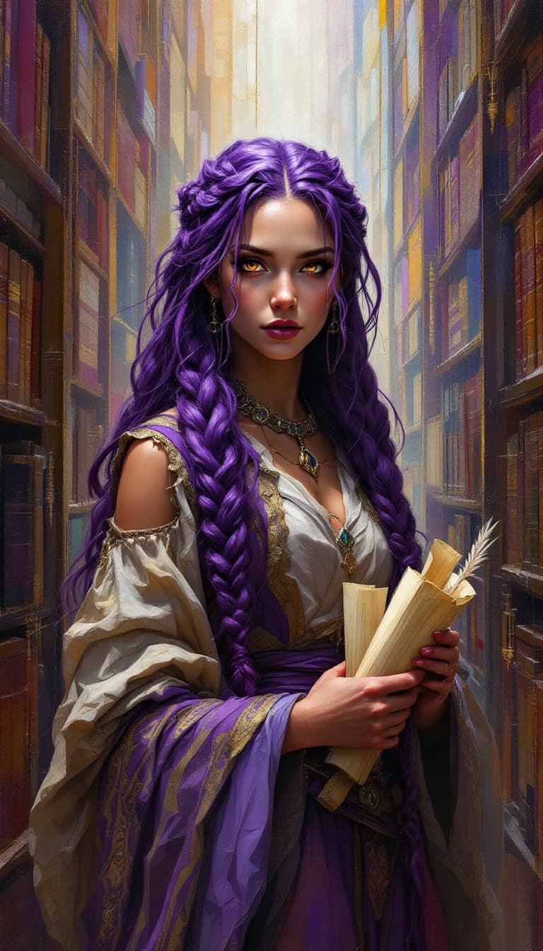 AI generated: "Amethyst Chronicler in a Library of Echoes": A powerful abstract painting captures a chronicler, di...