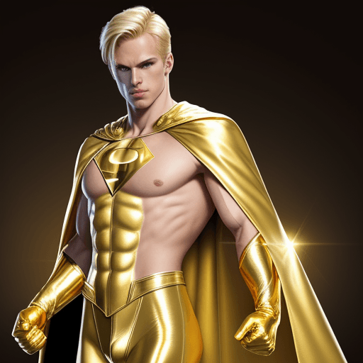 AI generated: male superhero named champion blond hair, no symbol, skin tight gold suit, gold cape, gold gloves
