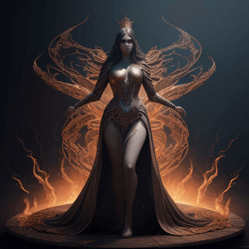 AI generated: young beautiful Queen of the fire standing on ground in spiral flame fog background, glorious, full ...