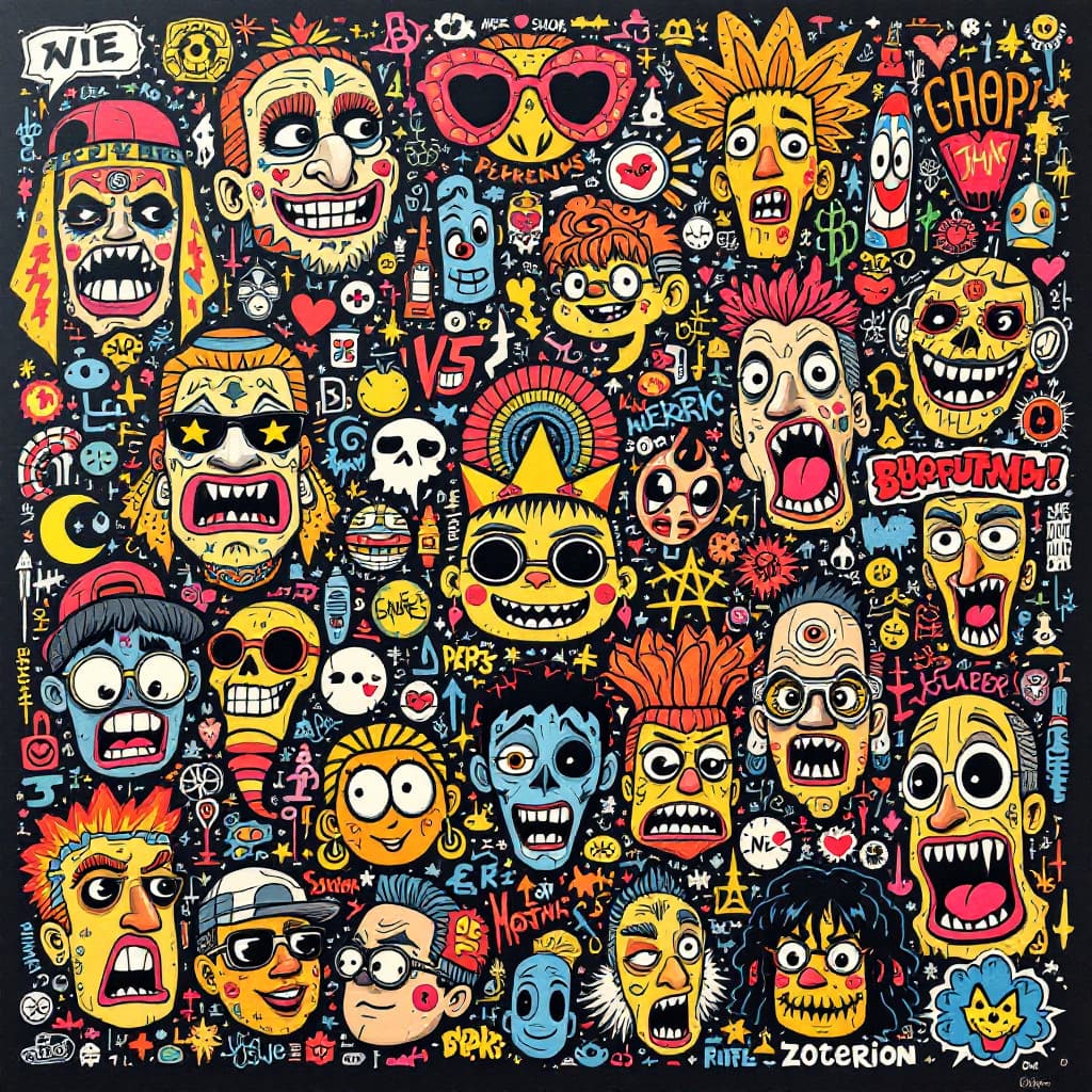 AI generated: An intricate and colorful graffiti-style poster featuring various elements, such as cartoon characte...