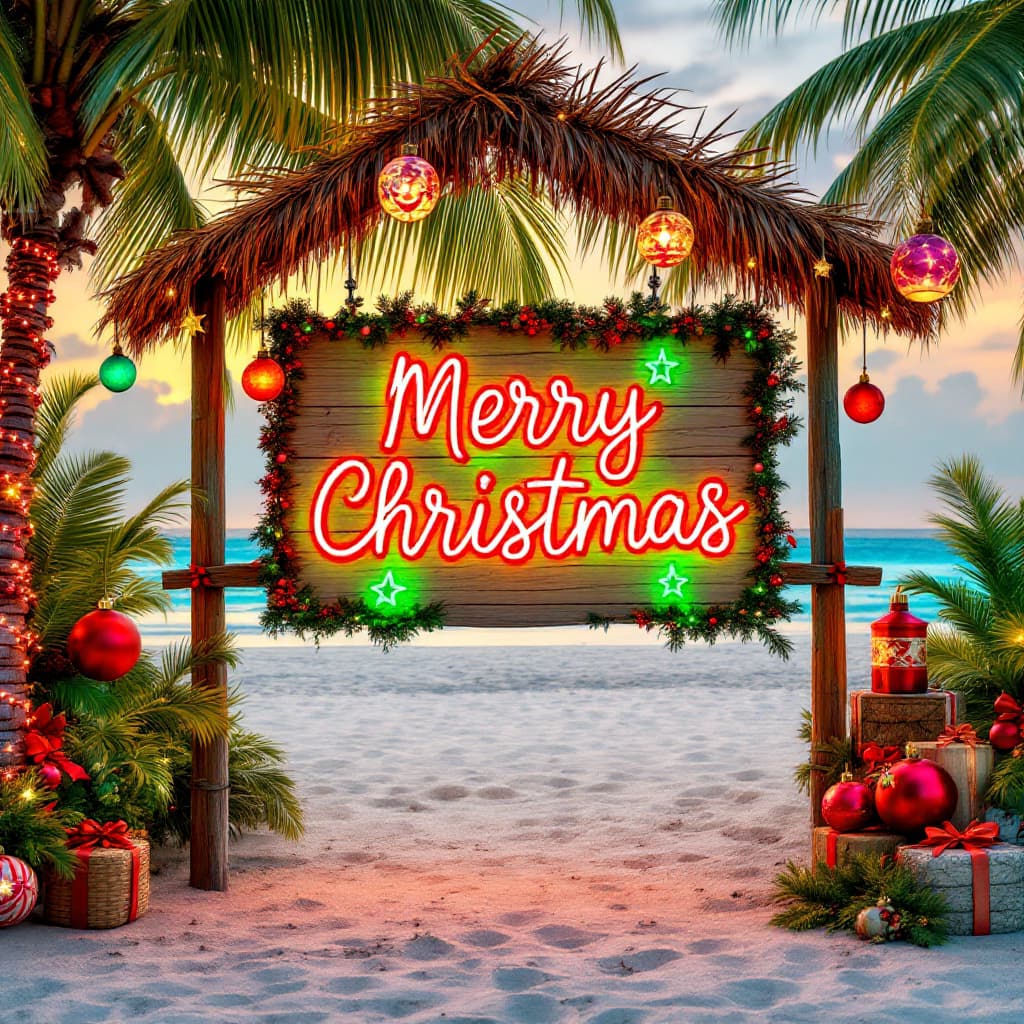 AI generated: Beachy holiday scene, lots of Christmas decorations, thatched sign made of palm fronds, red and gree...