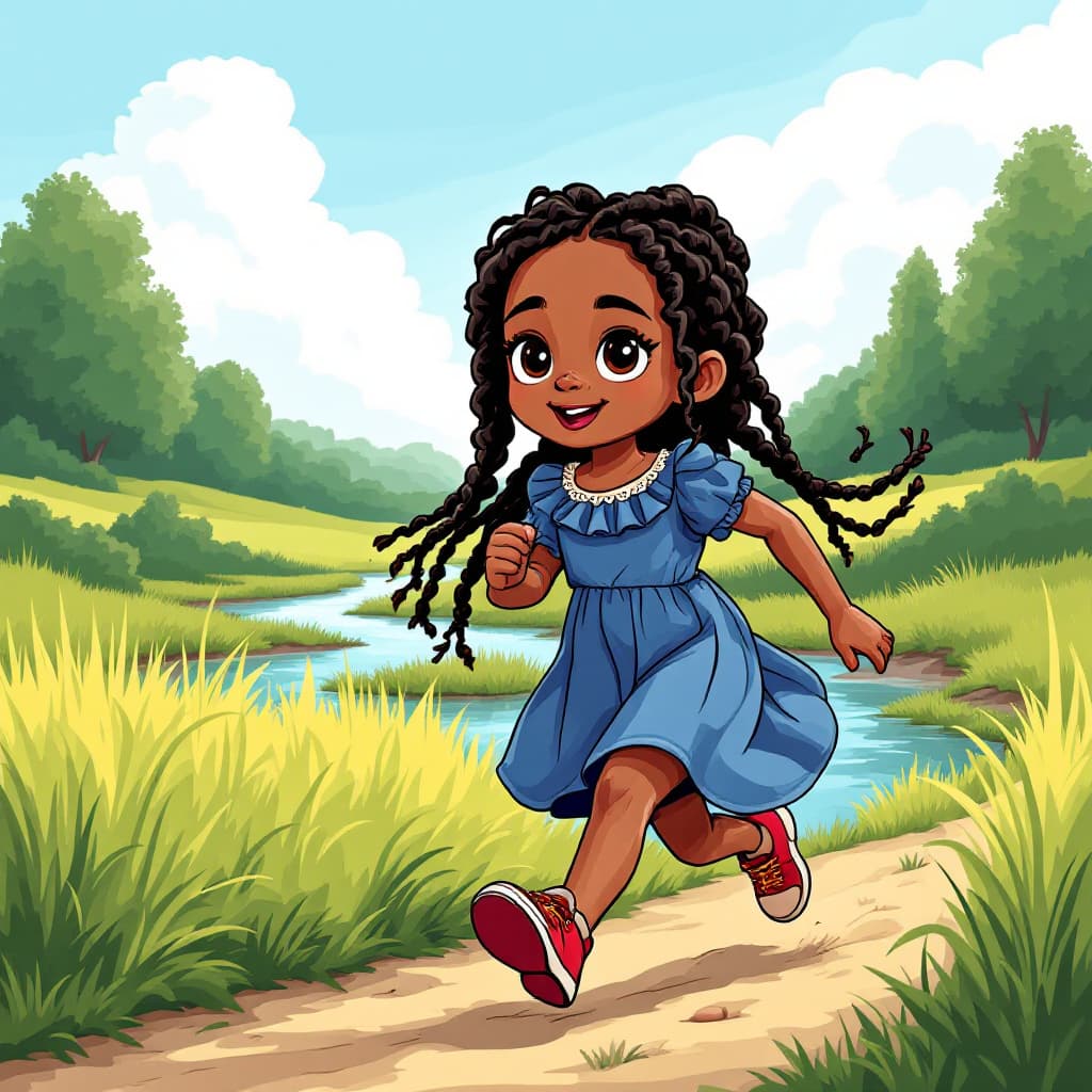 AI generated: This cartoon illustrates a 12-year-old little African American girl with long braided hair and bold ...