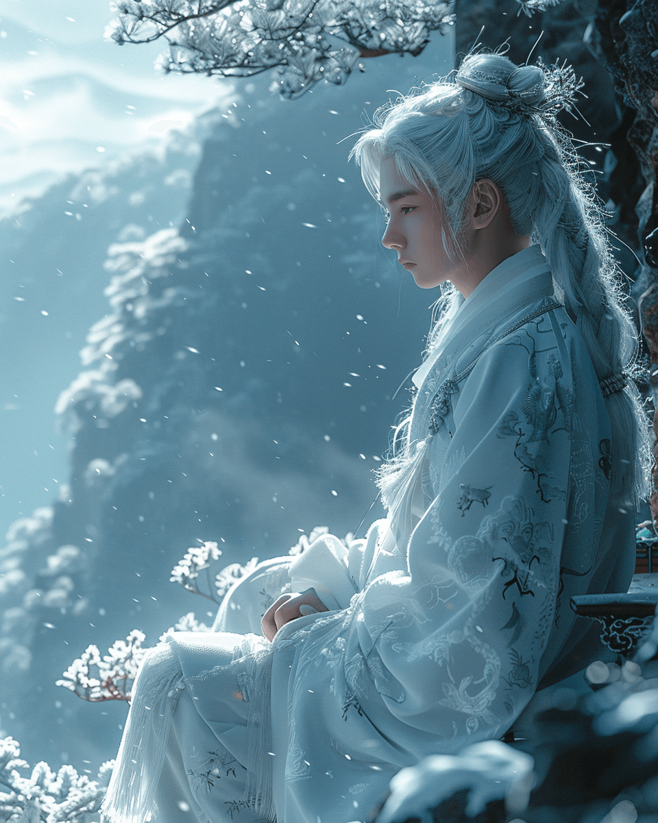 AI generated: A Chinese boy with white hair sitting in a Chinese house, wearing white Hanfu and flowing robes, in ...
