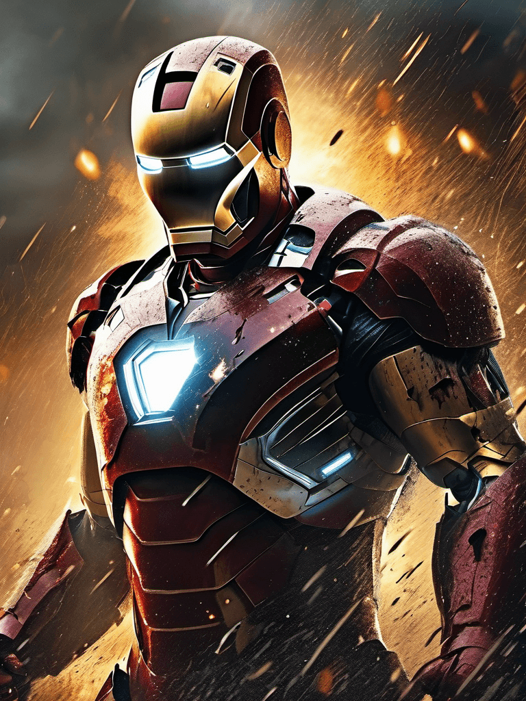 AI generated: close up of a (very damaged:1.1) brutal iron man in helmet, dynamic action pose, epic composition, a...