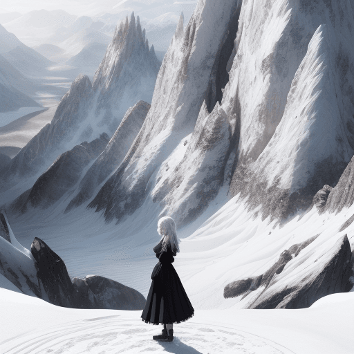 AI generated: "Draw an anime-style white-haired girl wearing a black dress, standing in a breathtaking mountain la...
