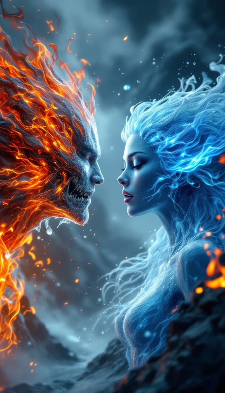 AI generated: An epic, high-detail render in 8k octane, showcasing a confrontation of elements: A benevolent, wate...