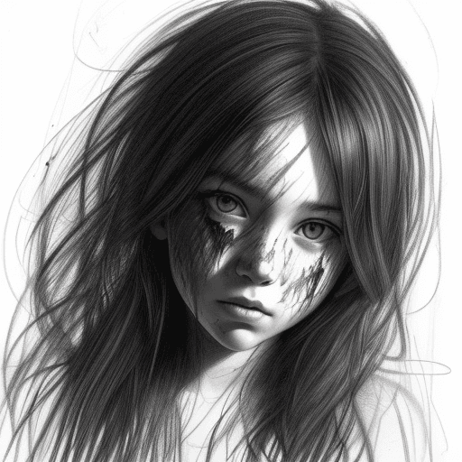 AI generated: Face drawing, messy, art, girl, black and white, pencil