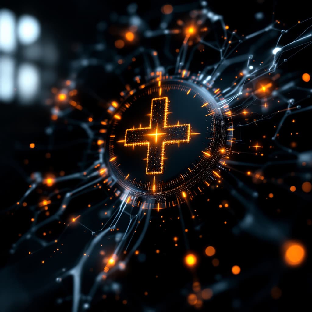 AI generated: Photo of a ultra realistic company,  dark light, medicine, logo shine, Care plus,  focused, extreme ...