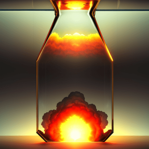 AI generated: nuclear explosion inside a large transparent bottle,