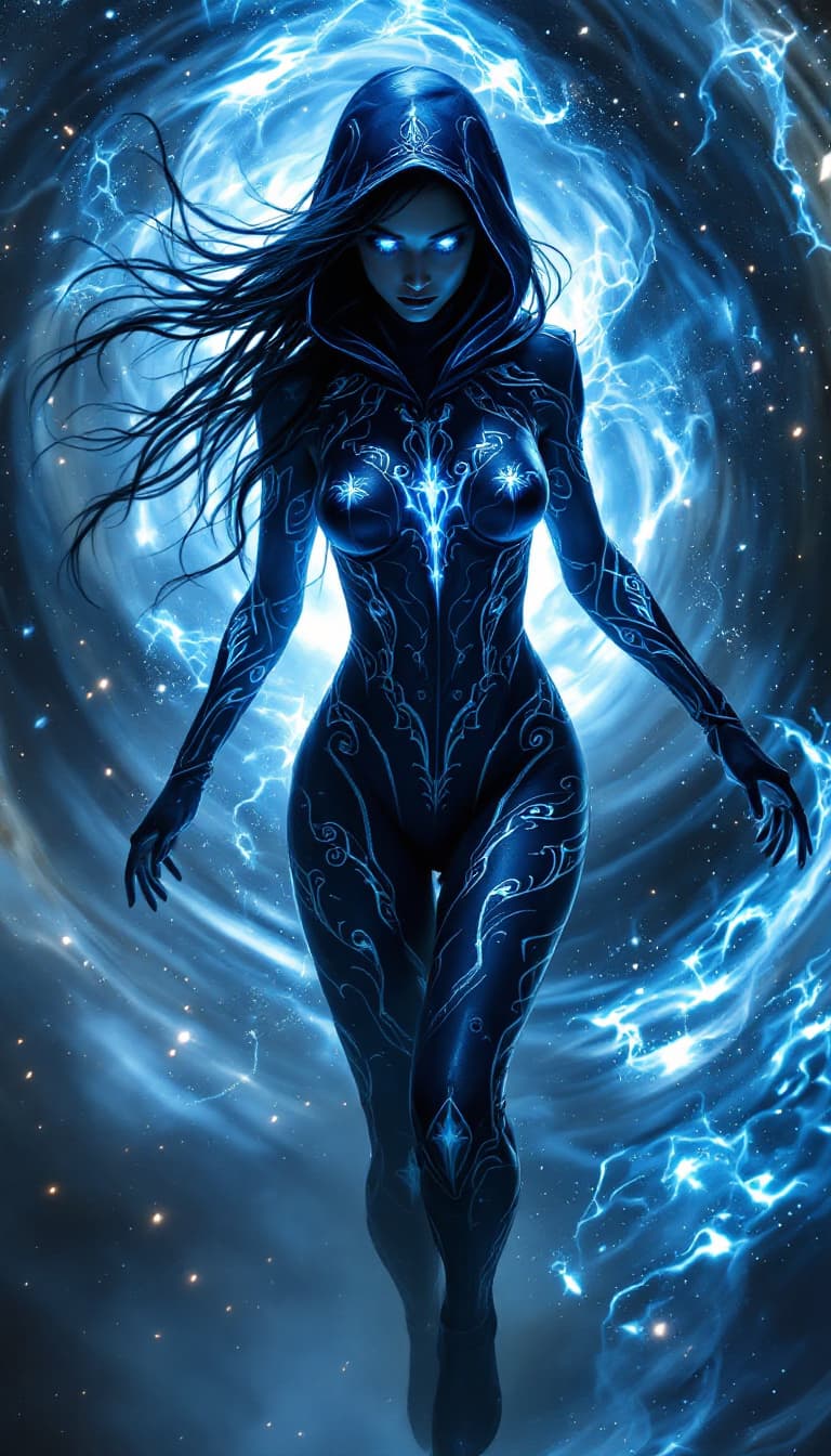 AI generated: An ultra-realistic, full-body action shot of a captivating indigo void walker, exuding mystery and o...