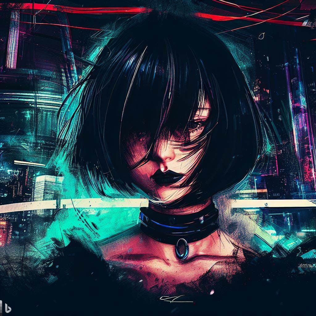 AI generated: masterpiece, best quality, highres, black hair, bob cut hair, 1girl, solo, looking at viewer, cyberp...