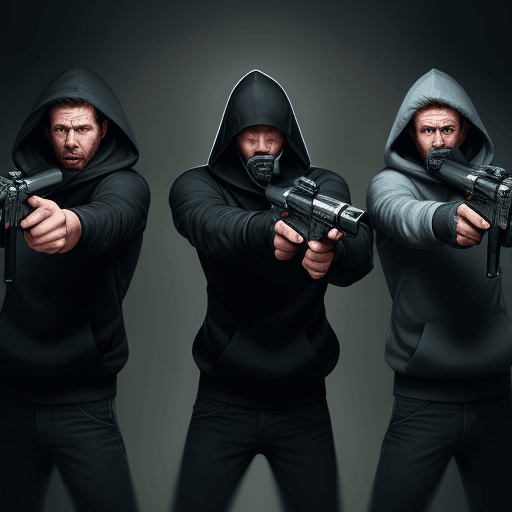 AI generated: Hyper realistic three blur men with hood, grip a pistol, aiming ahead, fear, dark