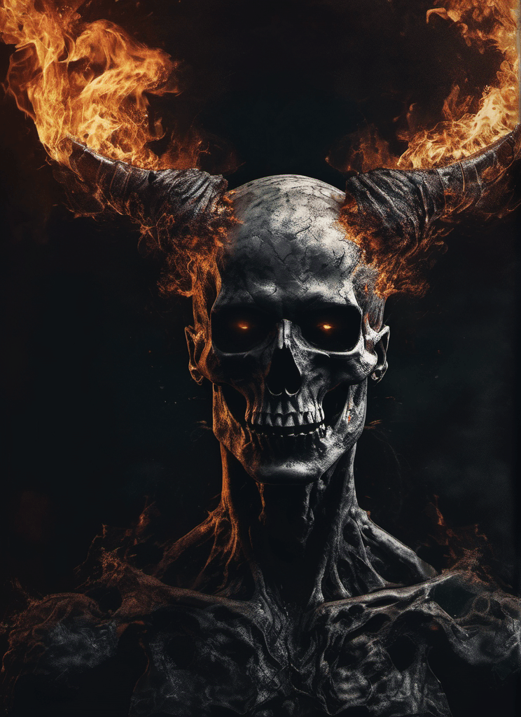 AI generated: a burning demon, skeleton face, brutal composition, gloomy, emotionally profound, horror, intense an...
