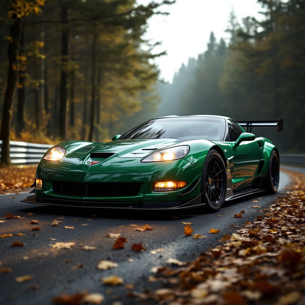 AI generated: General outline of a latest model British racing green 2000 corvette, with glowing headlights, polis...