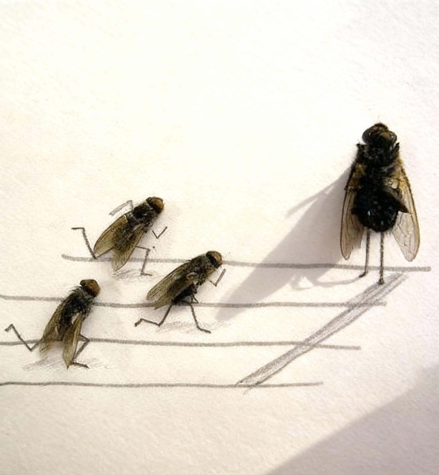 AI generated: Four flies on a sheet of white lined paper are depicted. Three flies are positioned left, running to...