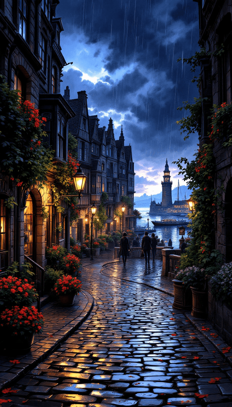 AI generated: A captivating dark fantasy illustration of a picturesque European-style town during a rainy evening....