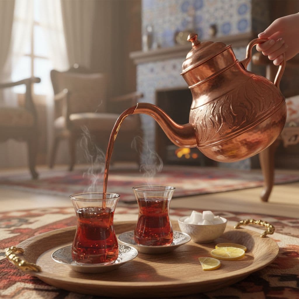 AI generated: Ultra-detailed 3D view of traditional Turkish tea being poured into tulip-shaped glasses.