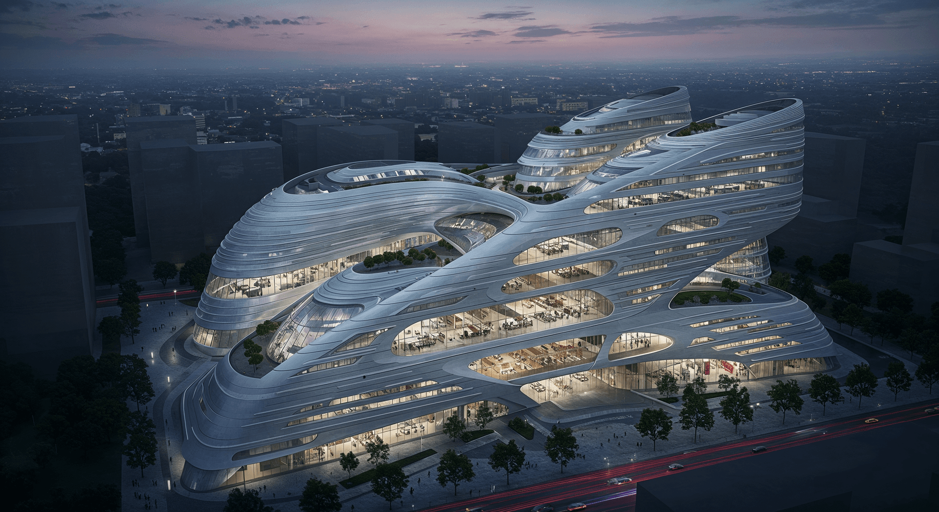AI generated: cityscape backdrop, style of Zaha Hadid, evening, artificial lighting, cuttingedge, silvergray tones...