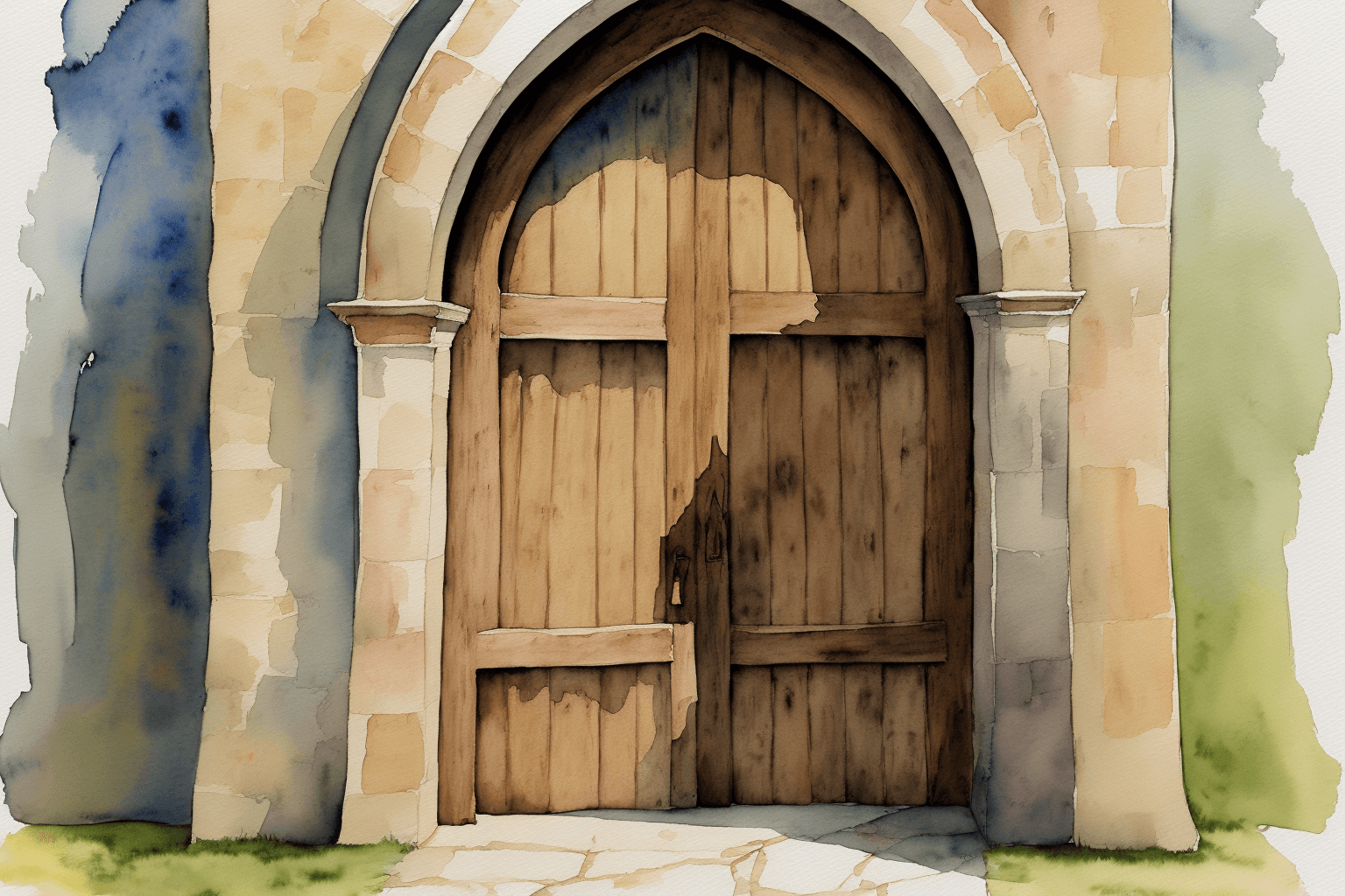 AI generated: church portal wood old, watercolor painting, coarse brush, structured paper