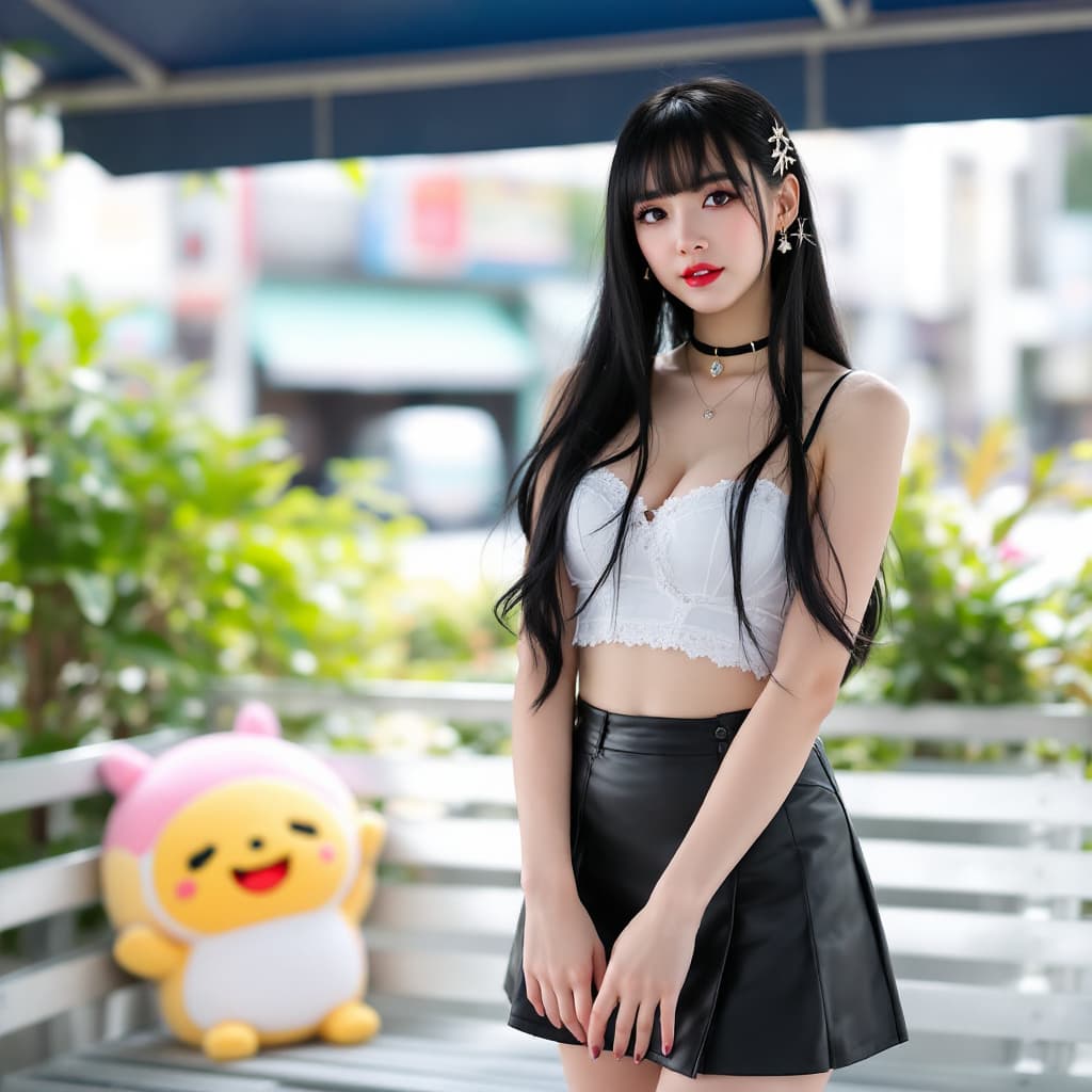 AI generated: a woman, outdoors, city, tokyo, street view, building city, standing, arms between legs, black hair,...
