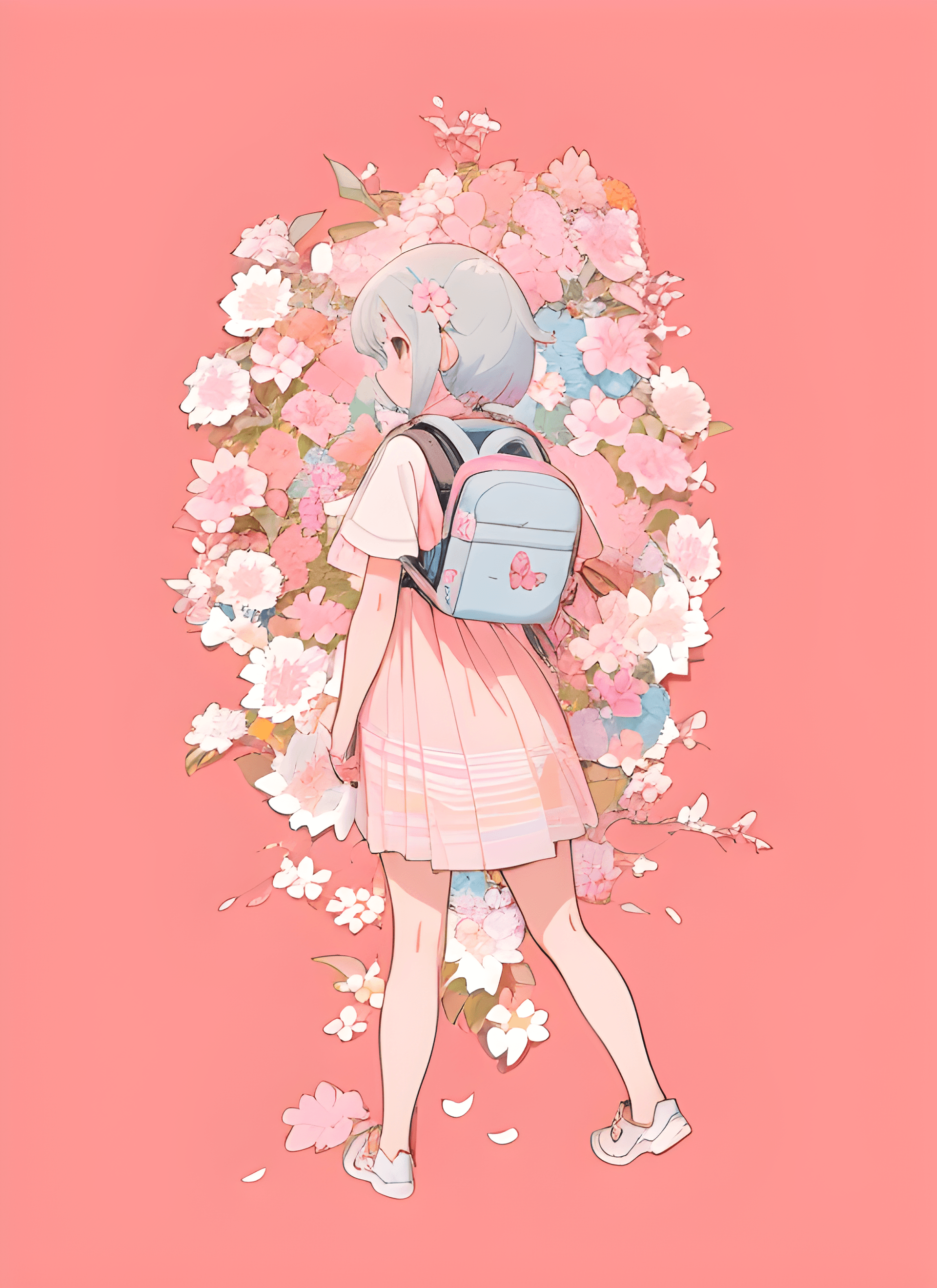 AI generated: a girl with a backpack is surrounded by flowers, a manga drawing, pastel color tones, trend on behan...