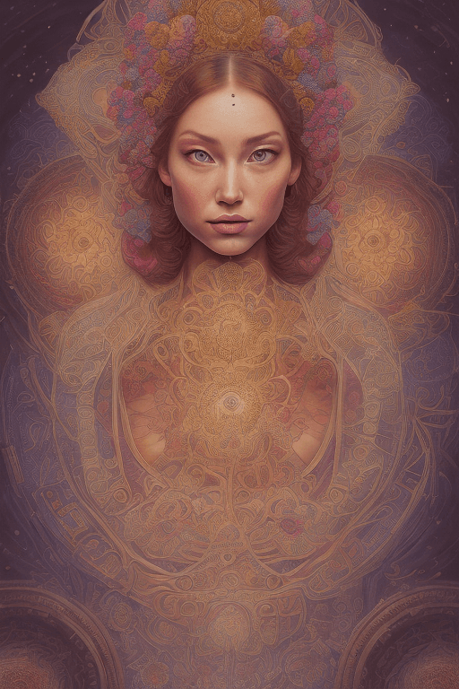 AI generated: Portrait of a very beautiful young woman in front of flower of life mandala wearing a huge elaborate...