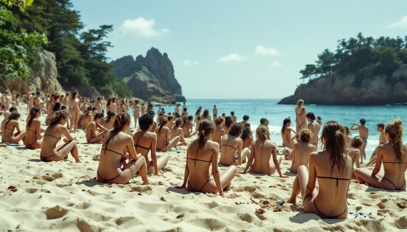 AI generated: FCB players on a nudist beach full of japanese women