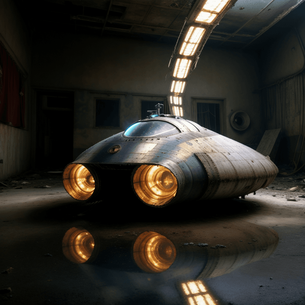 AI generated: uhd, cinematic still of a cluttered old abandoned car garage sovietwave, ((ufo ship , illuminated wi...