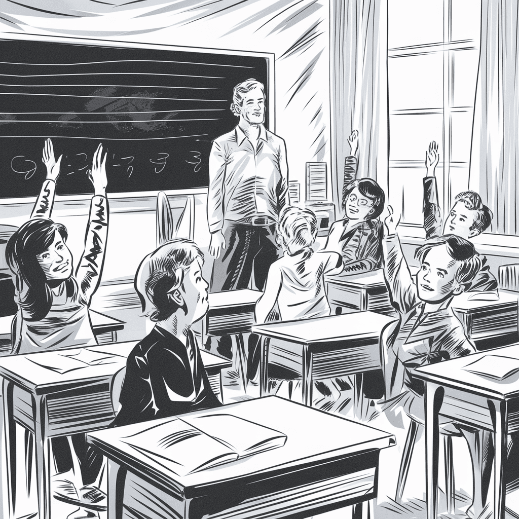 AI generated: a black and white comic book drawing of 12 year olds in class, sitting at their desks, asking the te...