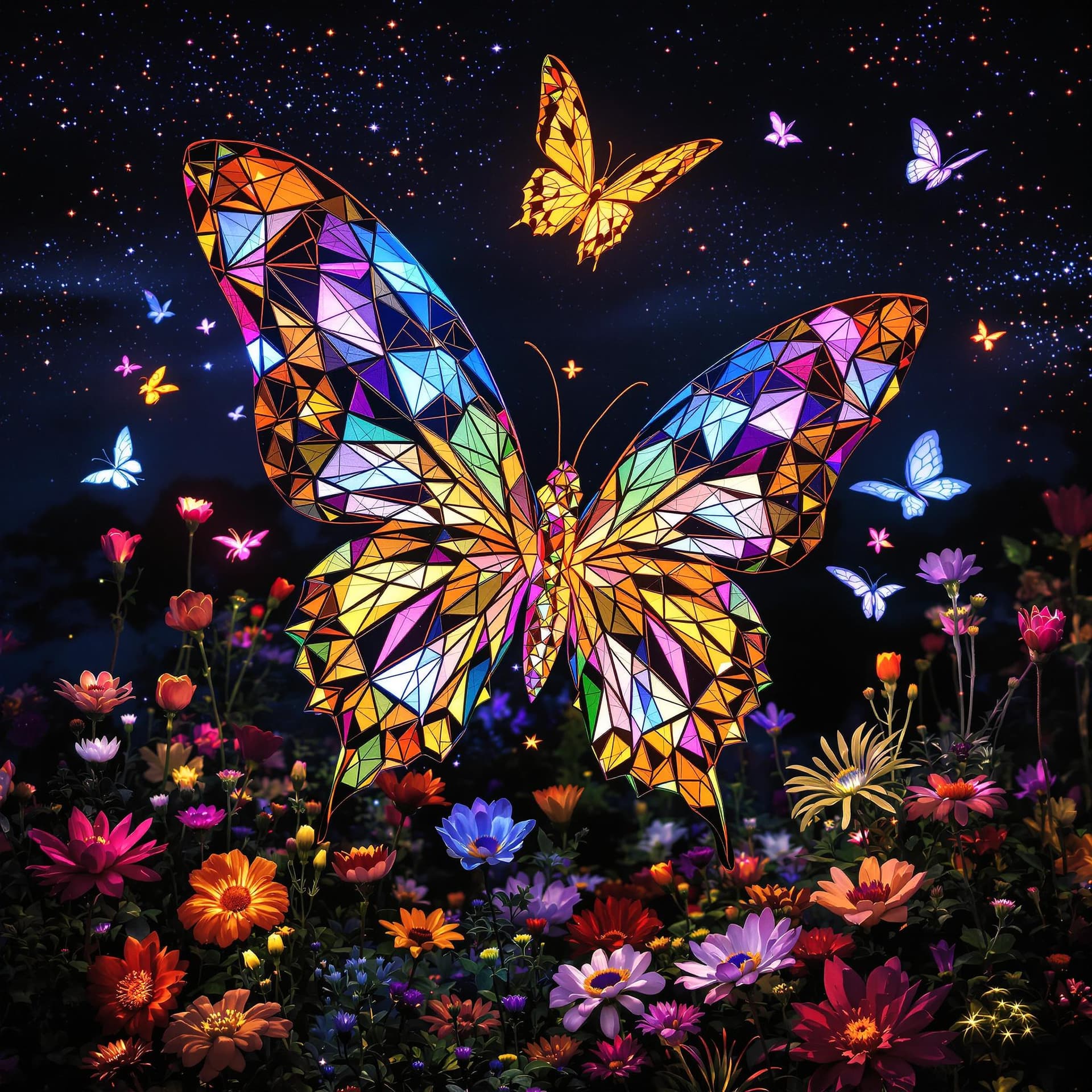 AI generated: Futuristic butterflies made of geometric shapes and flowers in a magical world at night 