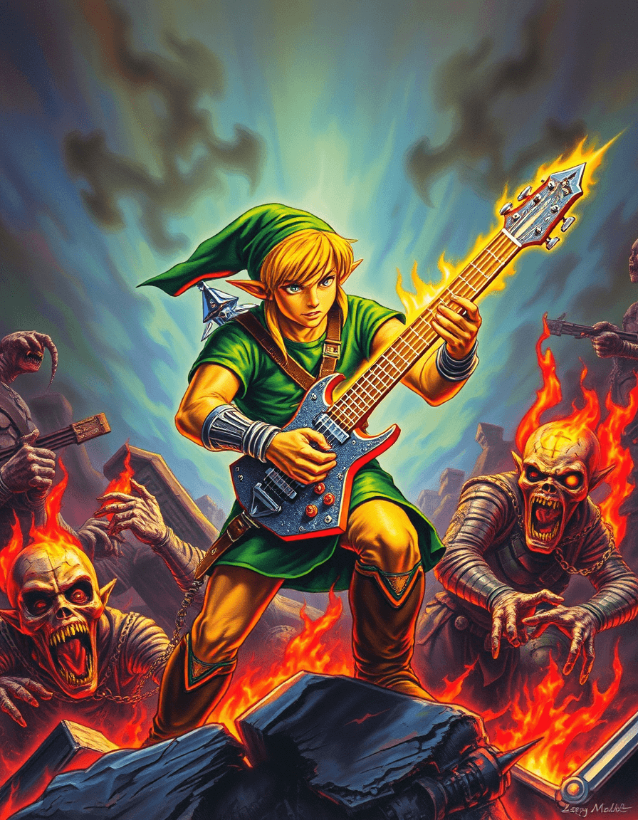 AI generated: the cover of a 1980s heavy metal album, Link from Legend of Zelda series, playing the glowing guitar...