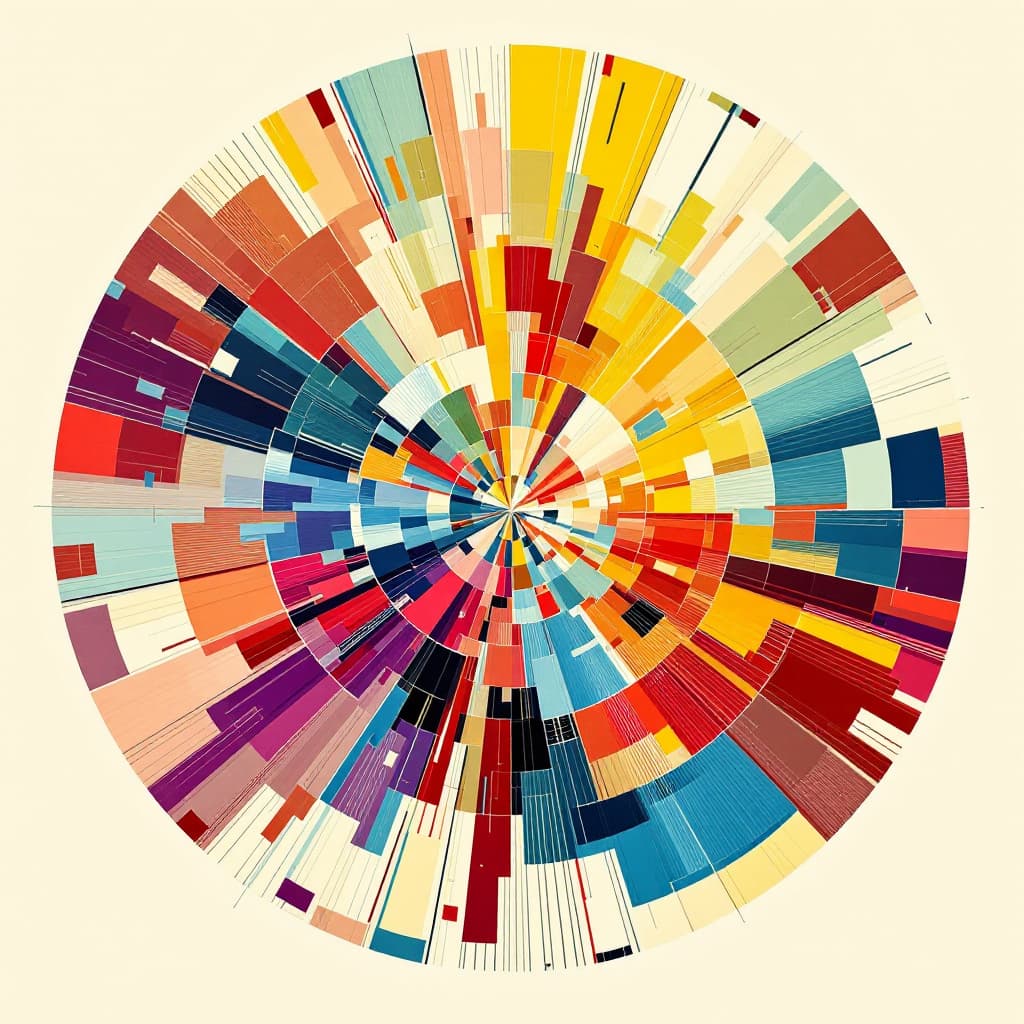 AI generated: A large circle that is broken into smaller sections, each with different colors and lines stretching...