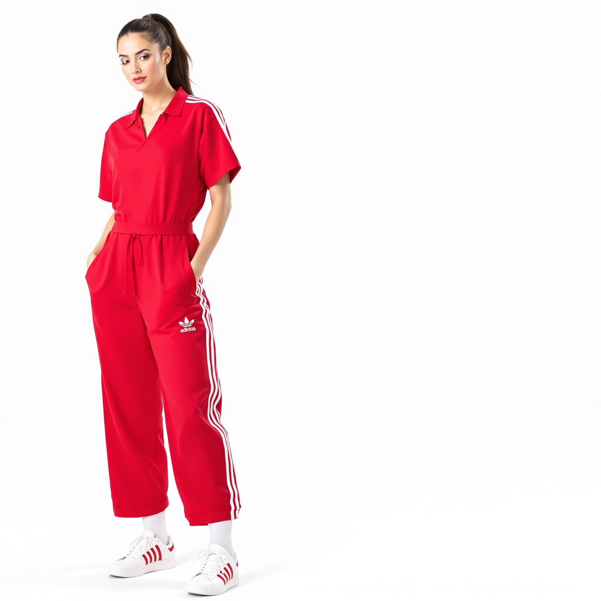 AI generated: a woman wearing red jumpsuit with white socks and white and red adidas shoes. Her hair is pulled bac...