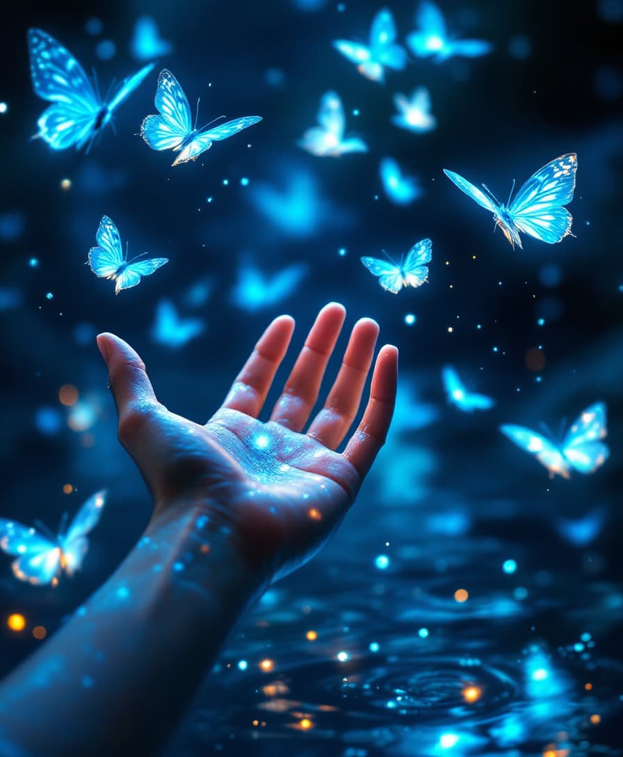 AI generated:  raw realistic cinematic  fantasy scene of A magical female hand hand reaching towards enchanting wa...