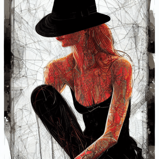 AI generated: a sensuel looking woman sitting in a bar|wearing a fedora and a elegant dress| centered| key visual|...