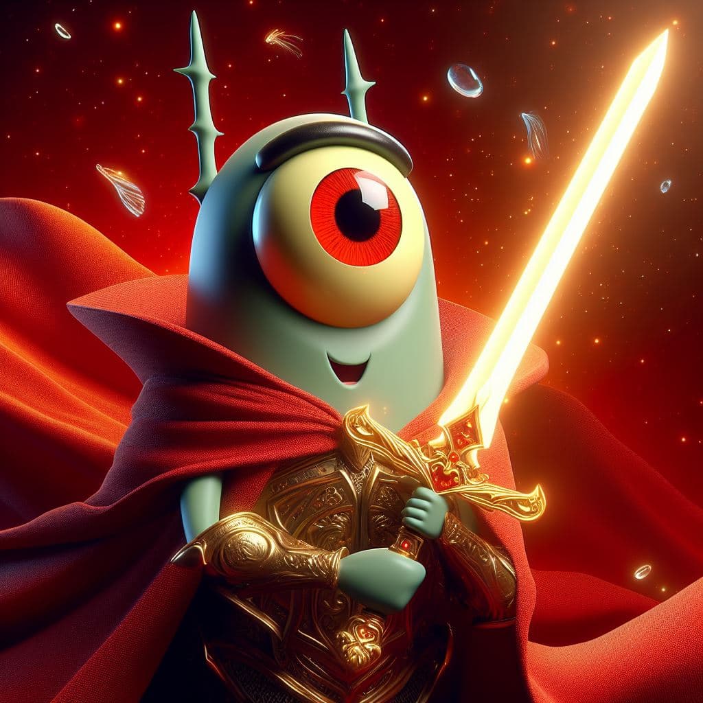 AI generated: Plankton is the mightiest god using his sword, red eye, heroic pose, divine and celestial light, mas...