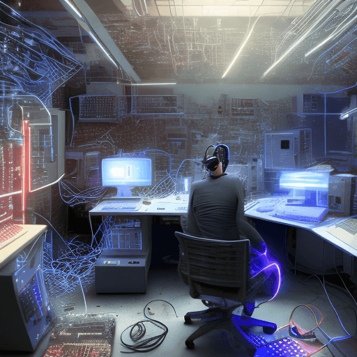 AI generated: (RAW photo) A Caucasian hacker mid 30's wearing XR headset and sitting amid a mess of electronics an...