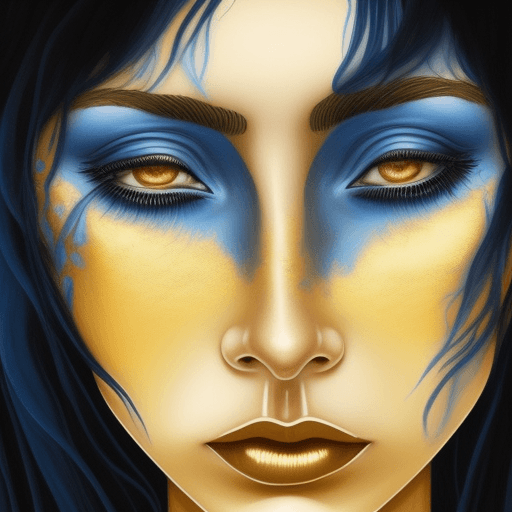 AI generated: A woman in blue paint with a black hair, in the style of hyperrealistic marine life, dark gold and g...