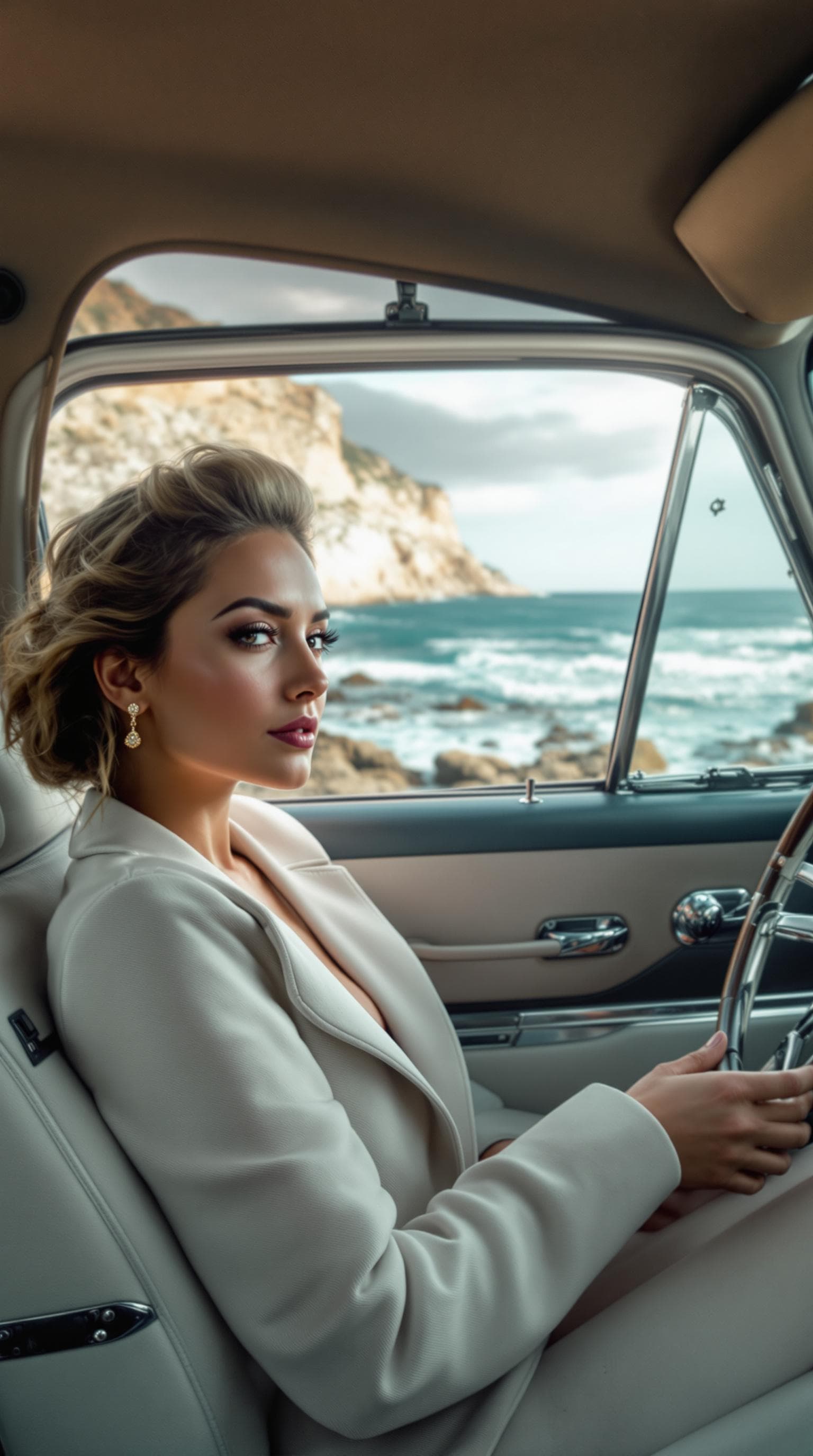 AI generated: Womans sitting in a vintage car. Overall Setting, she ist parking along a scenic Constantin road wit...